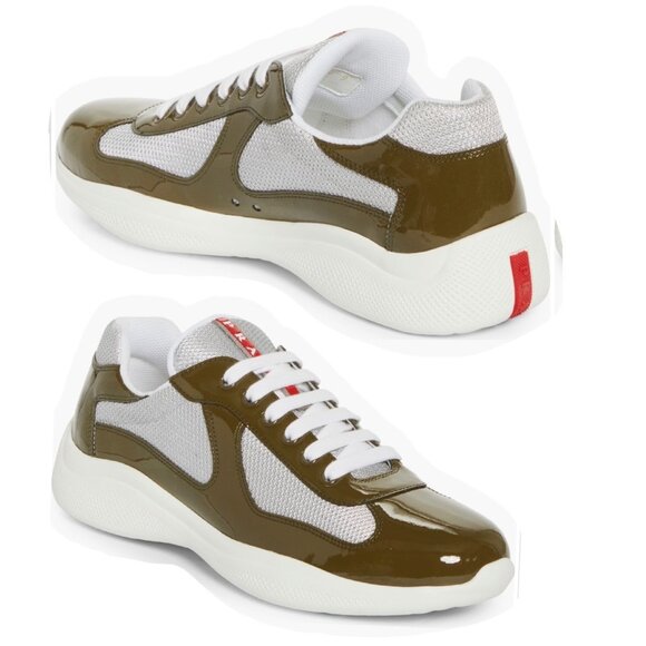 Prada Americas Cup Men Sneakers Vernice Bike Low Top Loden Argento Size UK11 - Picture 1 of 15